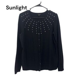 Talbots Women SZ Large Classic Button Up Black Cardigan Rhinestone Embellishment